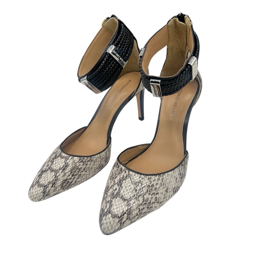 Antonio‎ Melani Leather Heels Ankle Strap Back Zip Crimson Black Snake Print 9.5